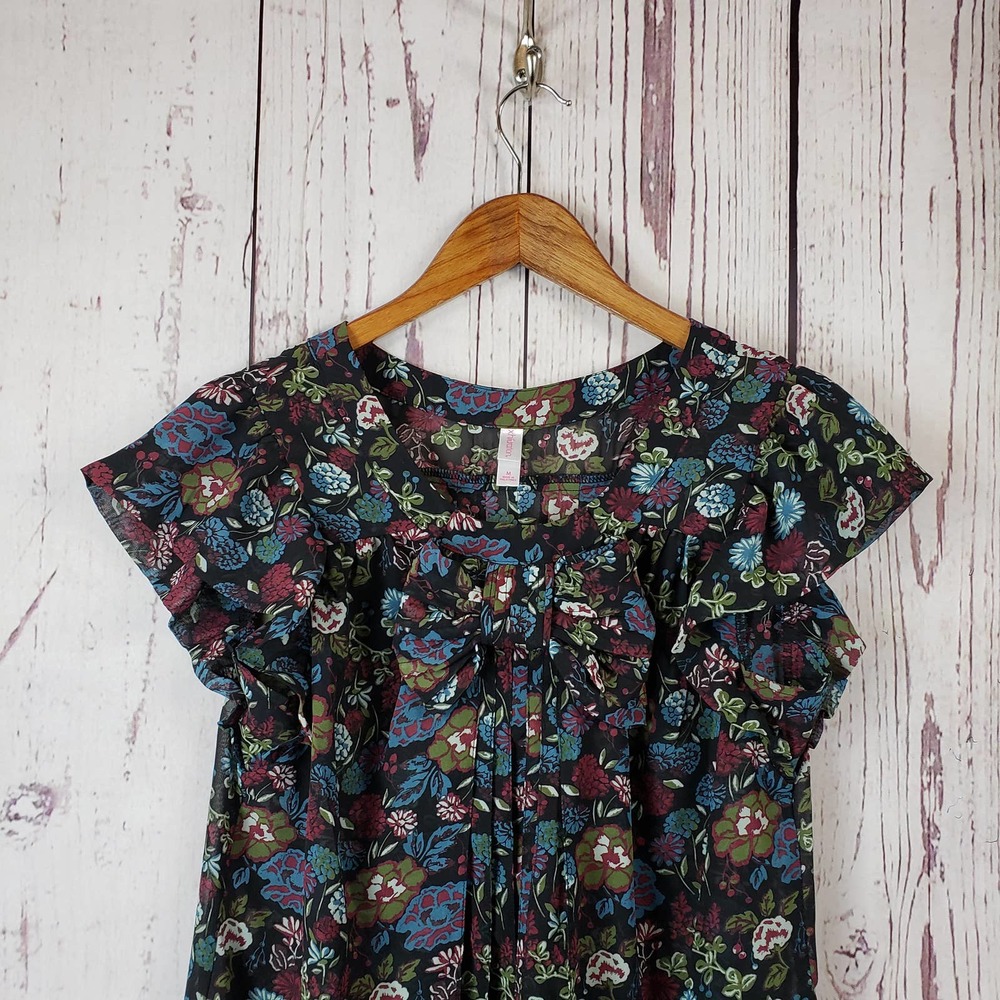 Xhilaration Blouse Juniors Size Medium Floral Sheer Short Sleeve Black